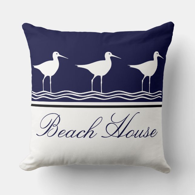 Nautical Beach house navy blue Sandpipers Cushion (Front)