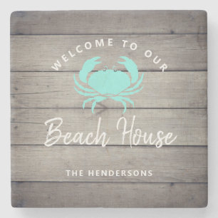 Nautical Beach House Teal Crab Personalised Stone Coaster
