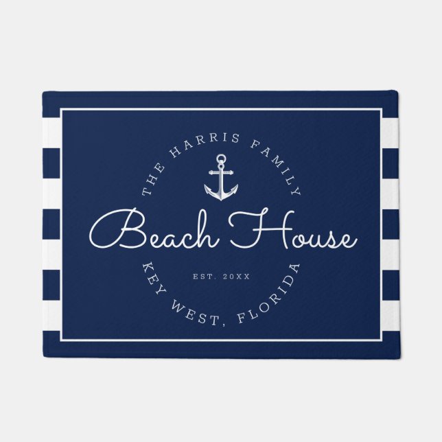 Nautical Beach House Welcome Navy Stripes Doormat (Front)