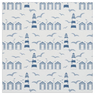 Nautical Beach Huts and Lighthouses Blue White Fabric