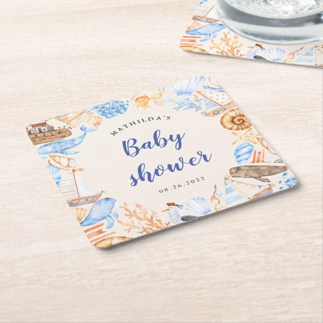 nautical beach illustrations baby shower square paper coaster (Angled)