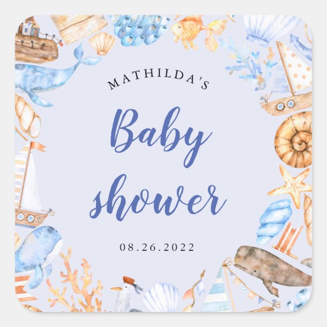 nautical beach illustrations baby shower square st square sticker (Front)