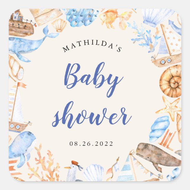 nautical beach illustrations baby shower square st square sticker (Front)