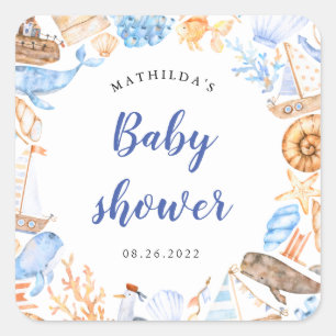 nautical beach illustrations baby shower square sticker