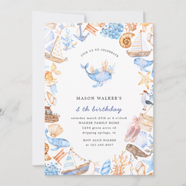 nautical beach kids birthday invitation (Front)