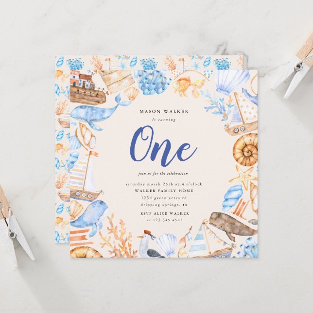 nautical beach kids first birthday invitation (Front/Back In Situ)