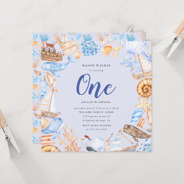 nautical beach kids first birthday invitation (Front/Back In Situ)