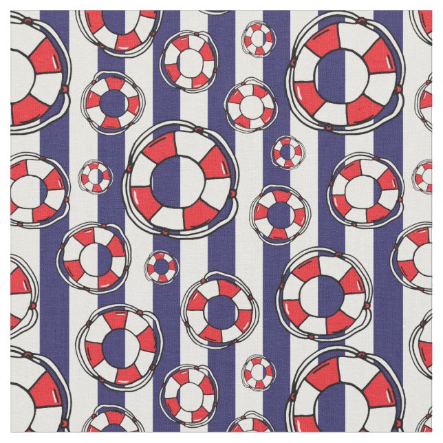 Nautical Beach Lifebelts and Blue White Stripes Fabric (Close Up)