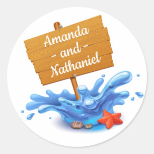 Nautical Beach Navy Blue Wedding Wave Engagement Classic Round Sticker