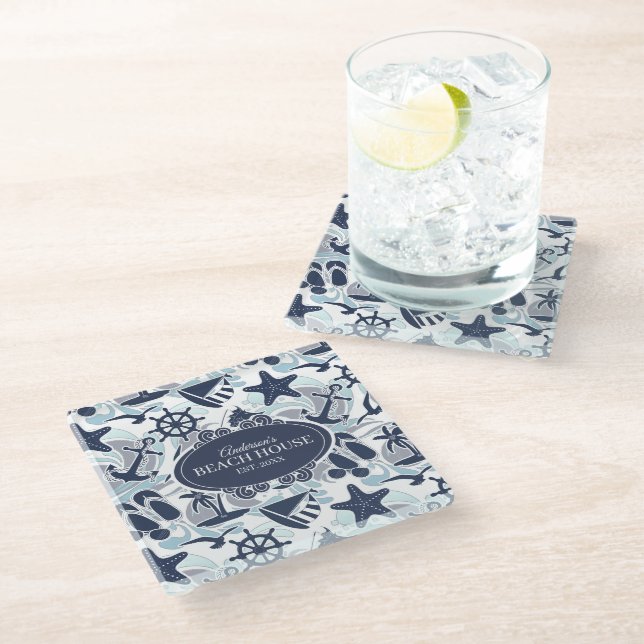 Nautical Beach Pattern Navy ID839 Glass Coaster (Angled)