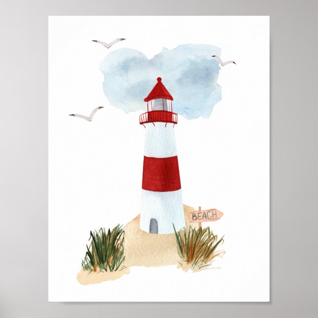 Nautical Beach Red And White Lighthouse Nursery  Poster (Front)