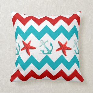 Nautical Beach Red Teal Chevron Anchors Starfish Cushion