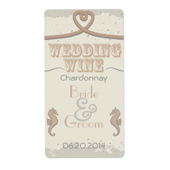 Nautical Beach Sand Brown Heart Knot Wedding Wine (Front)