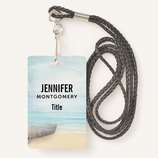 Nautical Beach Scene with Rowboat & Fishing Net ID Badge (Front with Lanyard)