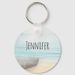 Nautical Beach Scene with Rowboat & Fishing Net Key Ring