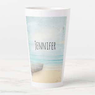 Nautical Beach Scene with Rowboat & Fishing Net Latte Mug