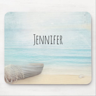 Nautical Beach Scene with Rowboat & Fishing Net Mouse Mat