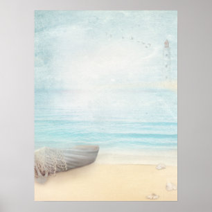 Nautical Beach Scene with Rowboat & Fishing Net Poster