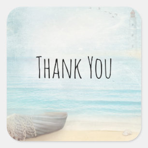 Nautical Beach Scene with Rowboat & Fishing Net Square Sticker