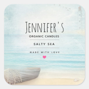 Nautical Beach Scene with Rowboat & Fishing Net Square Sticker