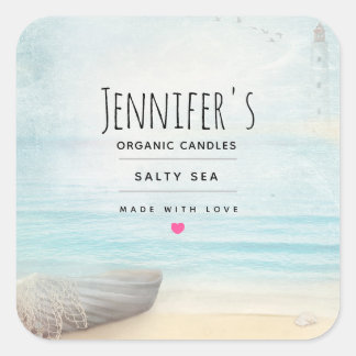 Nautical Beach Scene with Rowboat & Fishing Net Square Sticker