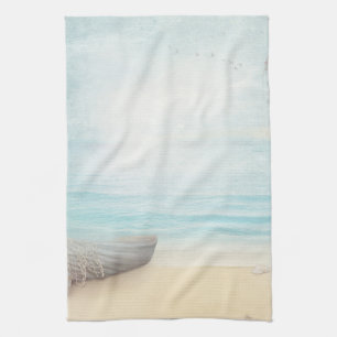 Nautical Beach Scene with Rowboat & Fishing Net Tea Towel
