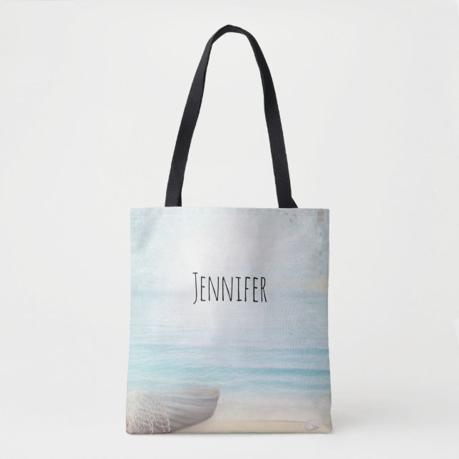 Nautical Beach Scene with Rowboat & Fishing Net Tote Bag (Front)