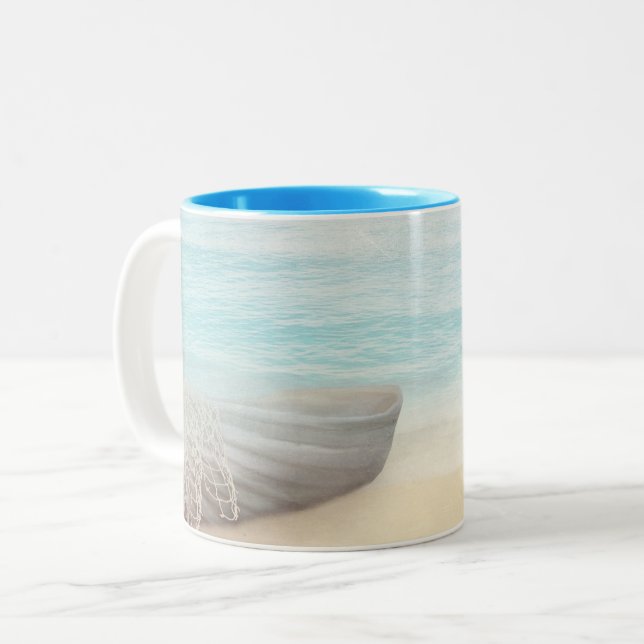 Nautical Beach Scene with Rowboat & Fishing Net Two-Tone Coffee Mug (Front Left)