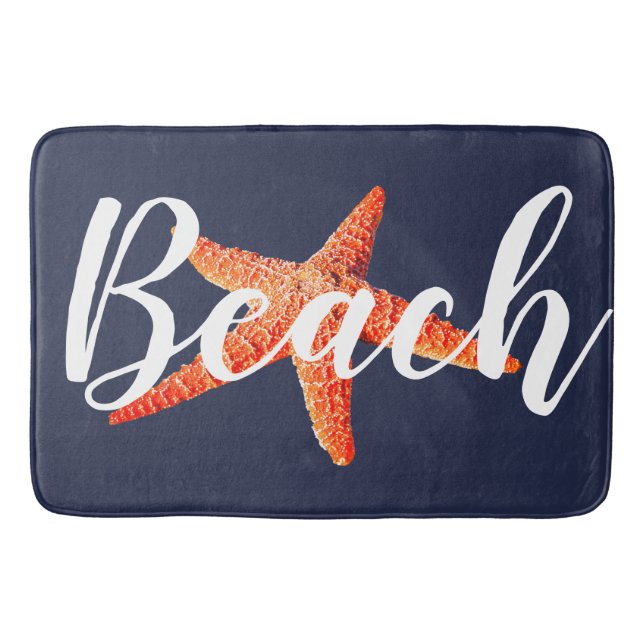 Nautical Beach Script Red Starfish & Navy Bath Mat (Front)