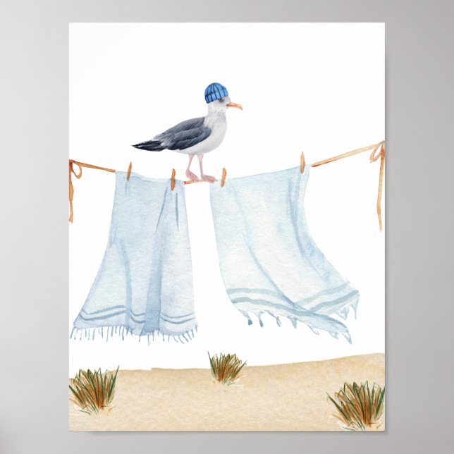Nautical Beach Seagull With A Hat Laundry Nursery Poster (Front)