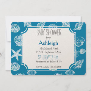 Nautical Beach Shells Aqua White baby shower Invitation