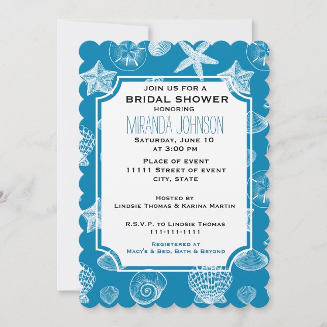 Nautical Beach Shells Aqua White Bridal Shower Invitation (Front)