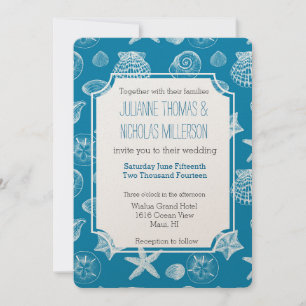 Nautical Beach Shells Aqua White Wedding Invitation