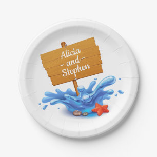 Nautical Beach Sign Waves Blue Wedding Party Paper Plate