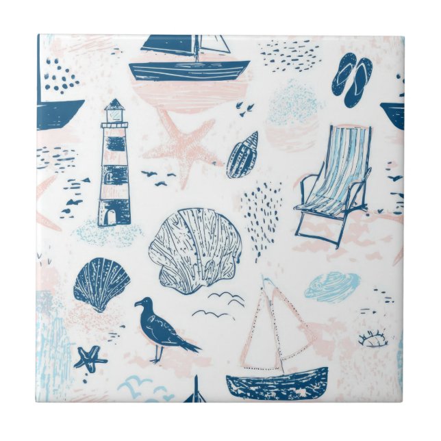 Nautical Beach Summer Blue Pink Coastal (1) Tile (Front)
