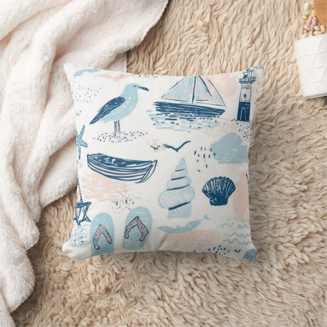 Nautical Beach Summer Blue Pink Coastal (2) Cushion (Blanket)