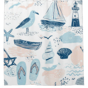 Nautical Beach Summer Blue Pink Coastal (2) Shower Curtain