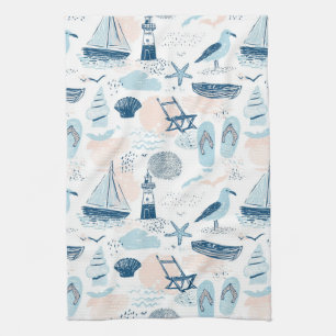 Nautical Beach Summer Blue Pink Coastal (2) Tea Towel