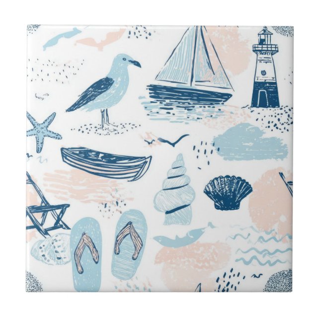 Nautical Beach Summer Blue Pink Coastal (2) Tile (Front)
