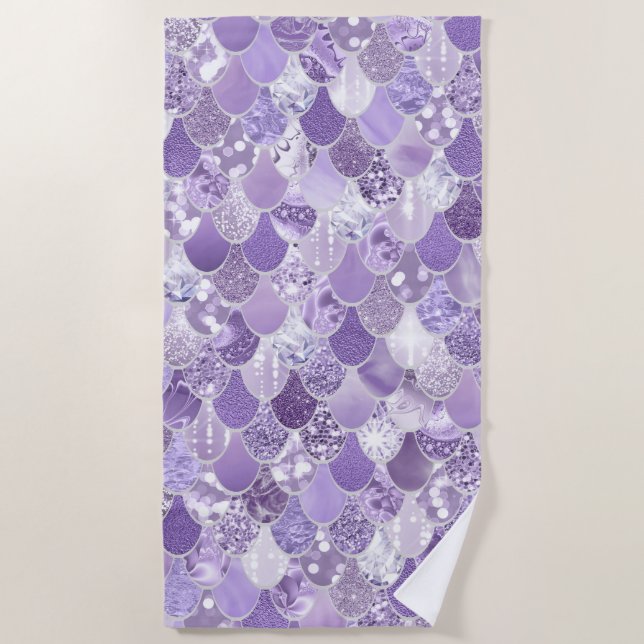 Nautical Beach Towel, Cute Purple Mermaid Scales Beach Towel (Front)
