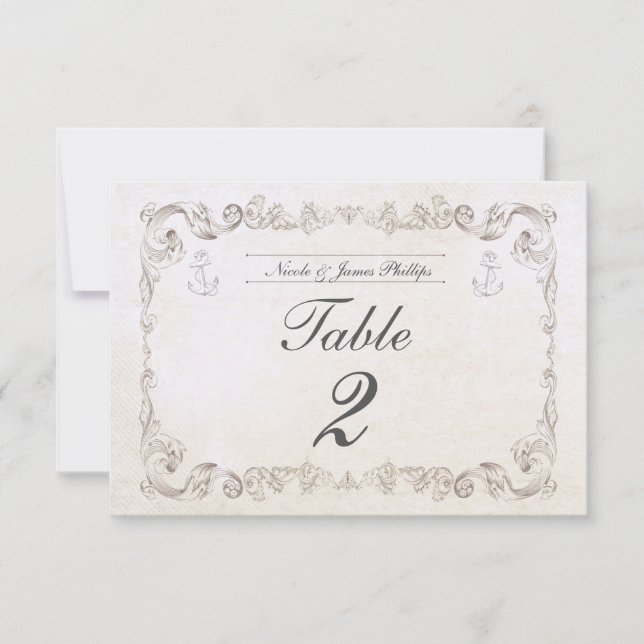 Nautical Beach Vintage Wedding Table Number Card (Front)