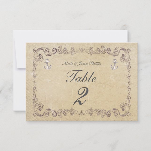 Nautical Beach Vintage Wedding Table Number Card (Front)