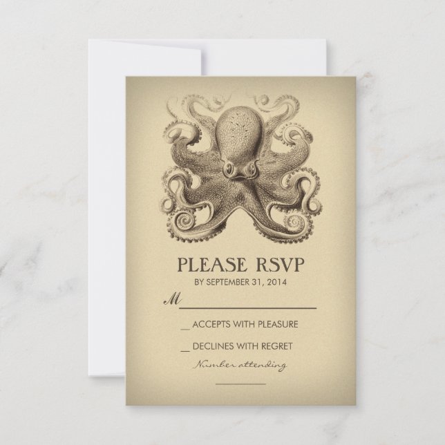 nautical beach wedding RSVP card with octopus (Front)