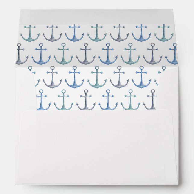 Nautical beach wedding. Watercolor blue anchors Envelope (Back (Bottom))