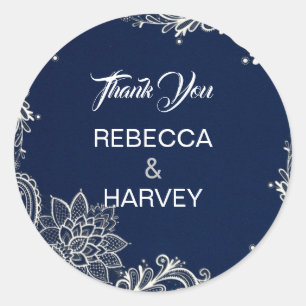nautical beach white lace navy blue wedding classic round sticker