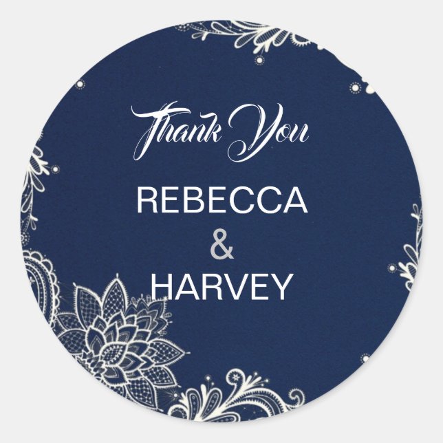 nautical beach white lace navy blue wedding classic round sticker (Front)
