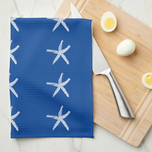 Nautical Beach White Starfish Patterns Deep Blue Tea Towel (Quarter Fold)