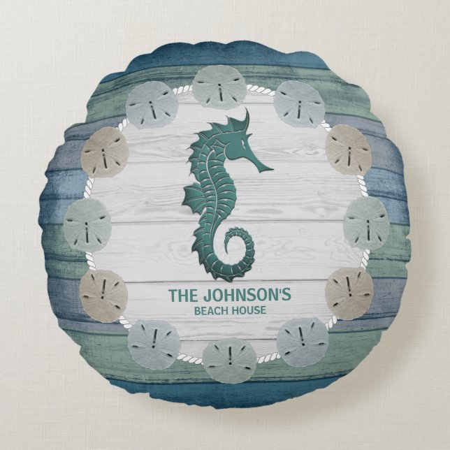 Nautical Beach Wood and Seahorse - Dark Blue Teal Round Cushion (Front)