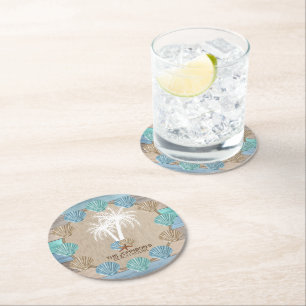 Nautical Beach Wood Design with Palm Tree Round Paper Coaster