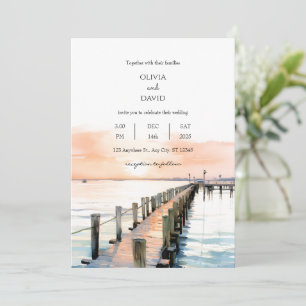 Nautical Beachside Orange Sky Sunset Pier Wedding Invitation